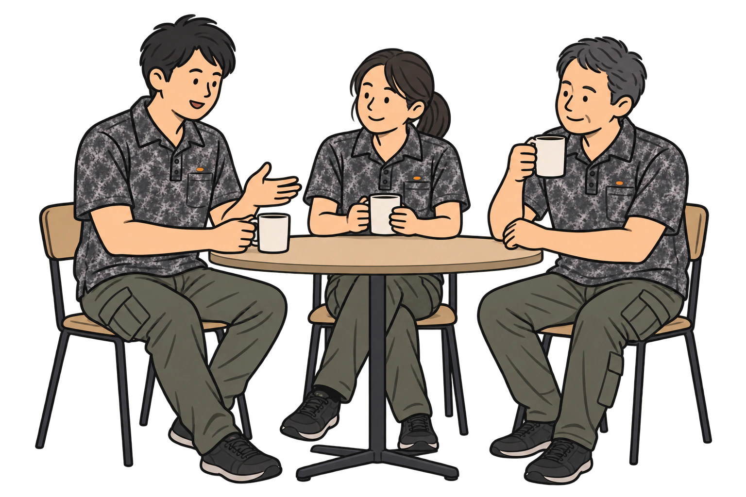 実制服を着た仲間がコーヒーを囲み、笑顔で話すイラスト