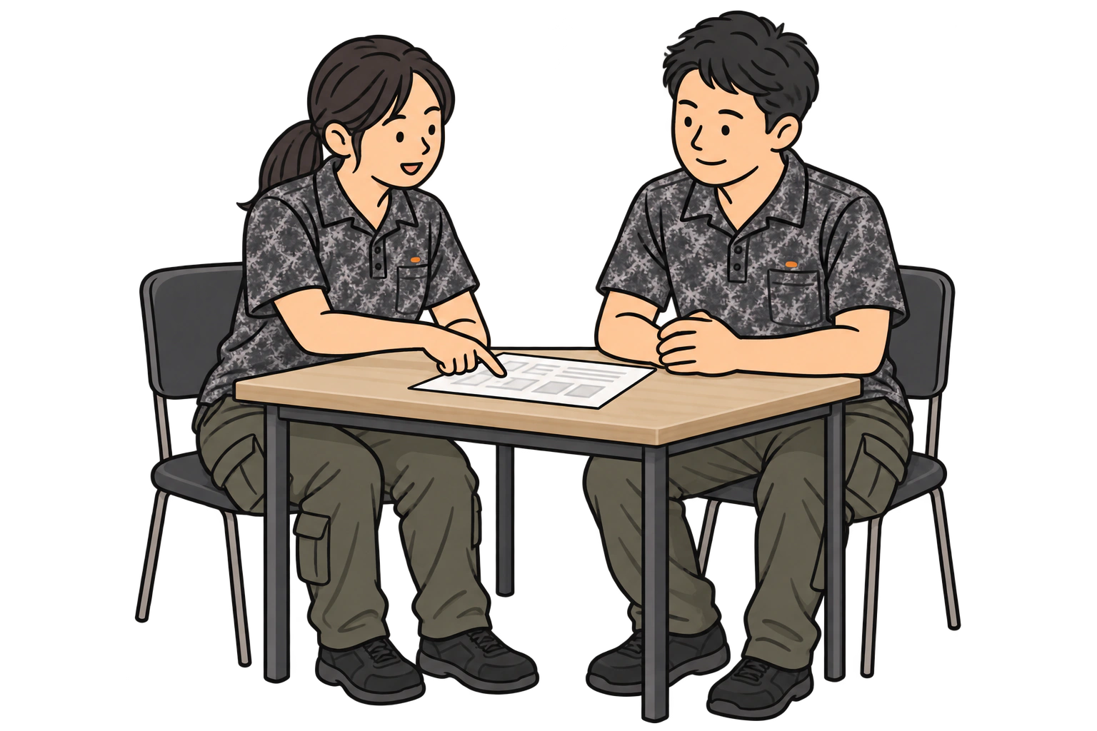 実制服を着た二人が、テーブルで仕事について相談するイラスト