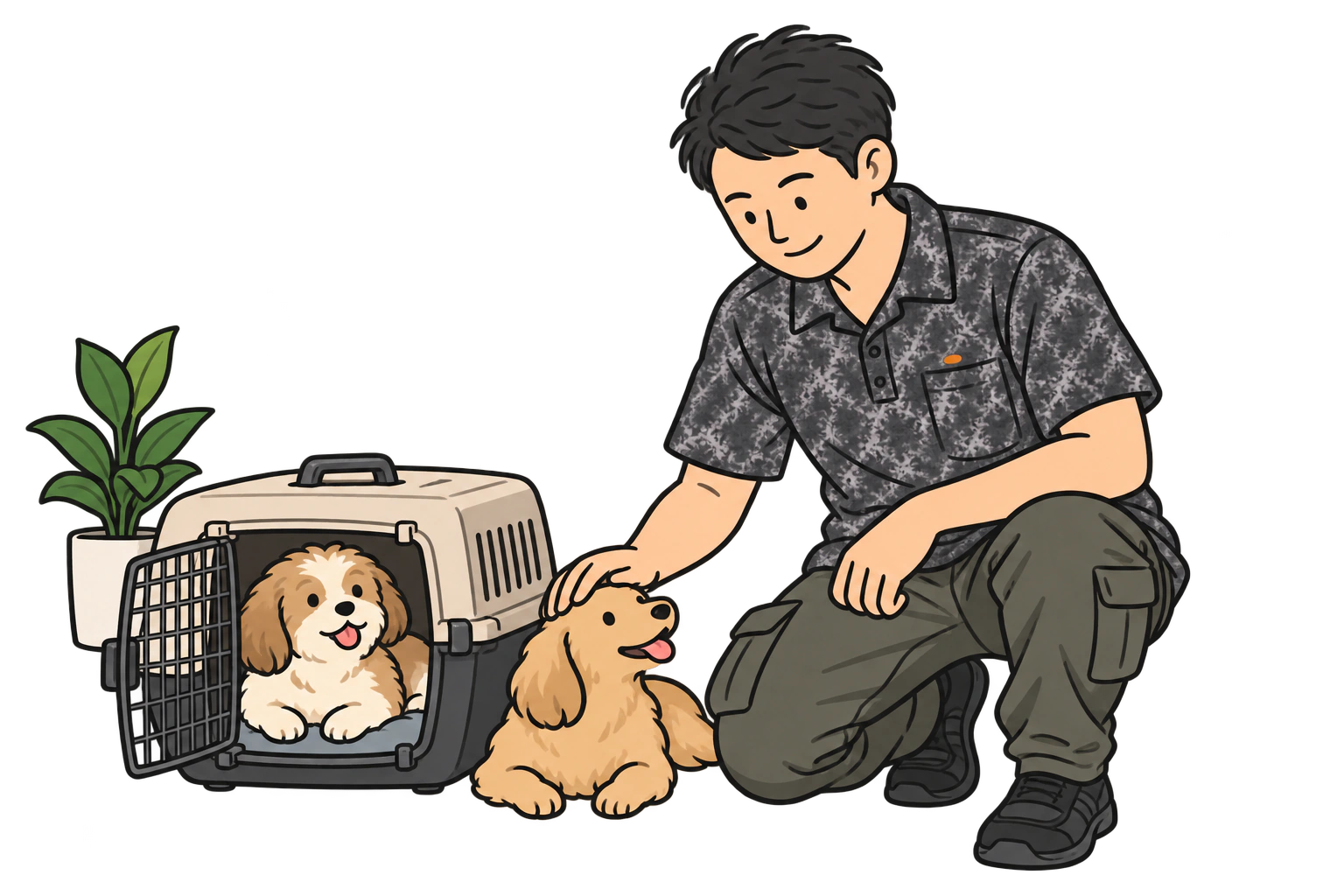 事務所のキャリーのそばで、実制服の人物が犬を見守るイラスト