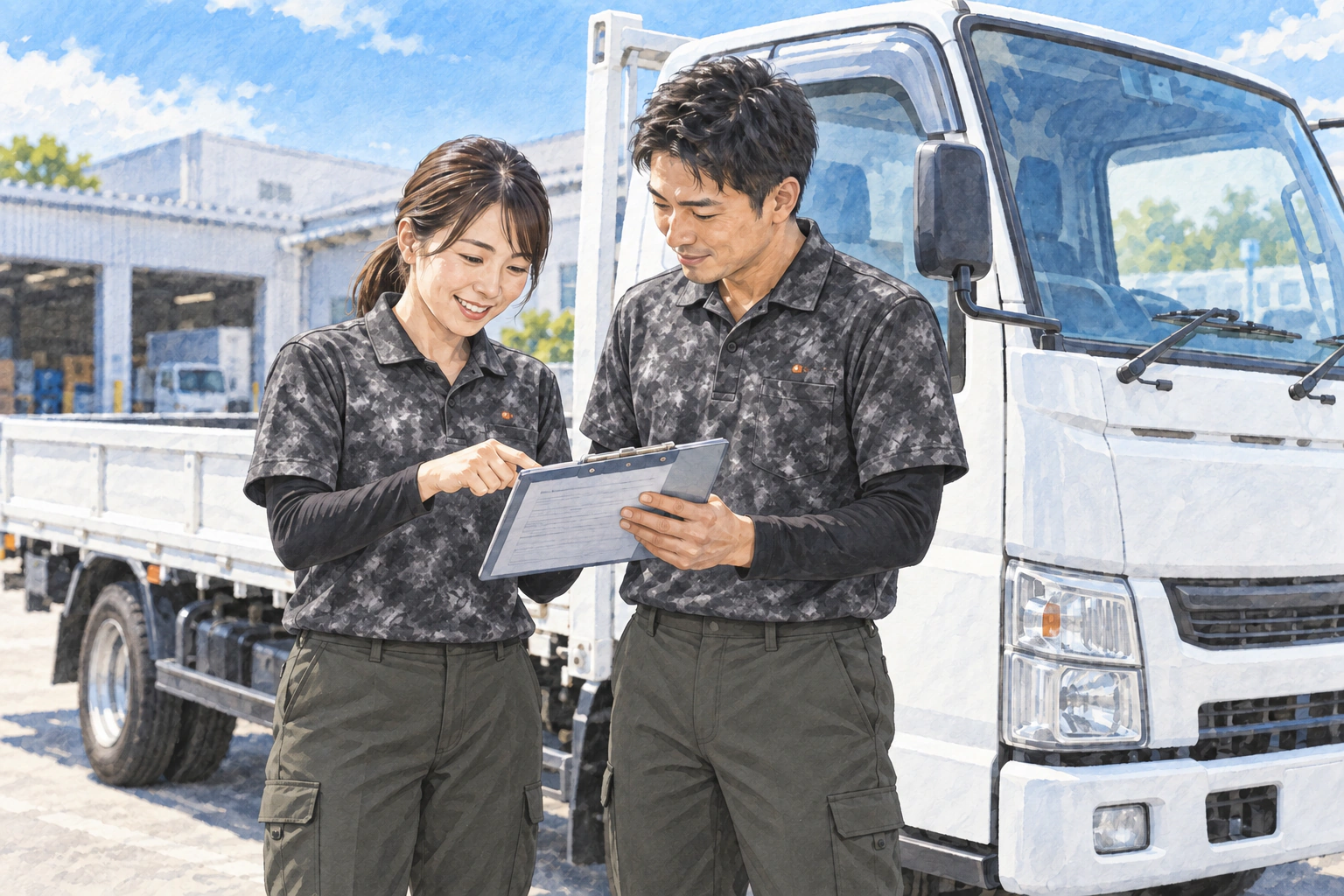 JKSの制服で、トラックの横で伝票を確認する女性社員と同僚のイメージイラスト