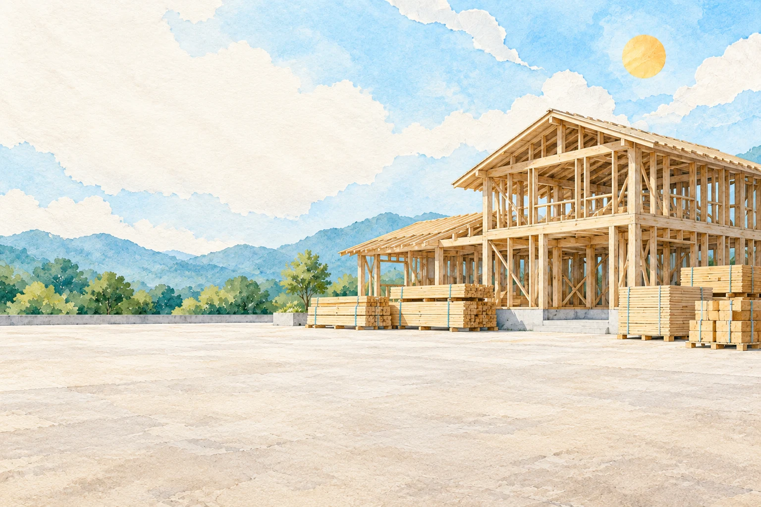 木造の建築現場を描いた紙絵